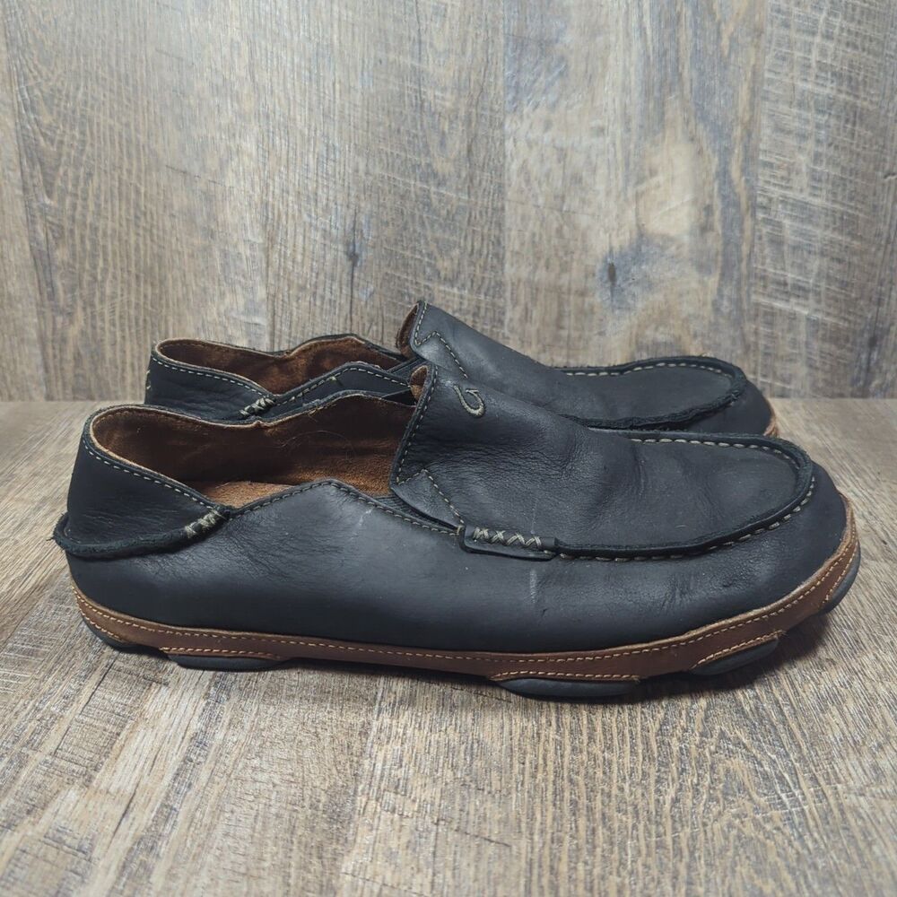 Olukai Moloa Shoes Men's Size 10.5 Black Leather Comfort Casual Loafers Moc - Picture 2 of 13